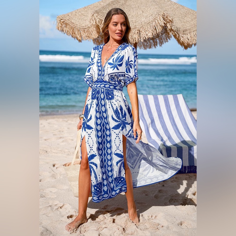 Cupshe Blue and White Floral V‑Neck Swim Coverup Maxi - Picture 4 of 10